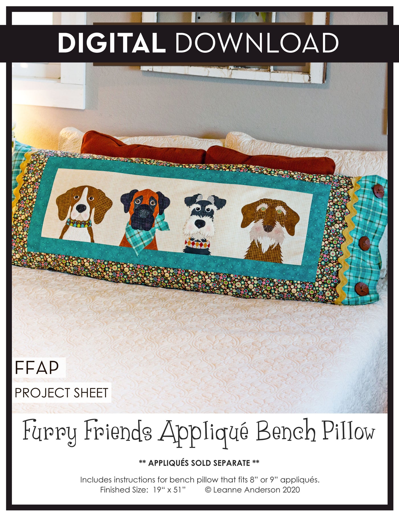 Furry Friends Applique Bench Pillow Pattern (Applique not included)