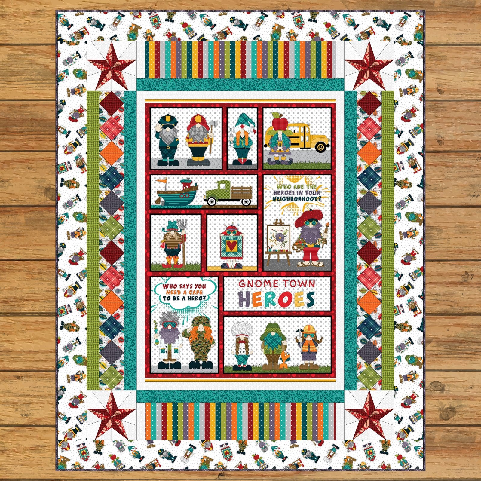 Gnome Town Heroes Panel Quilt Kit