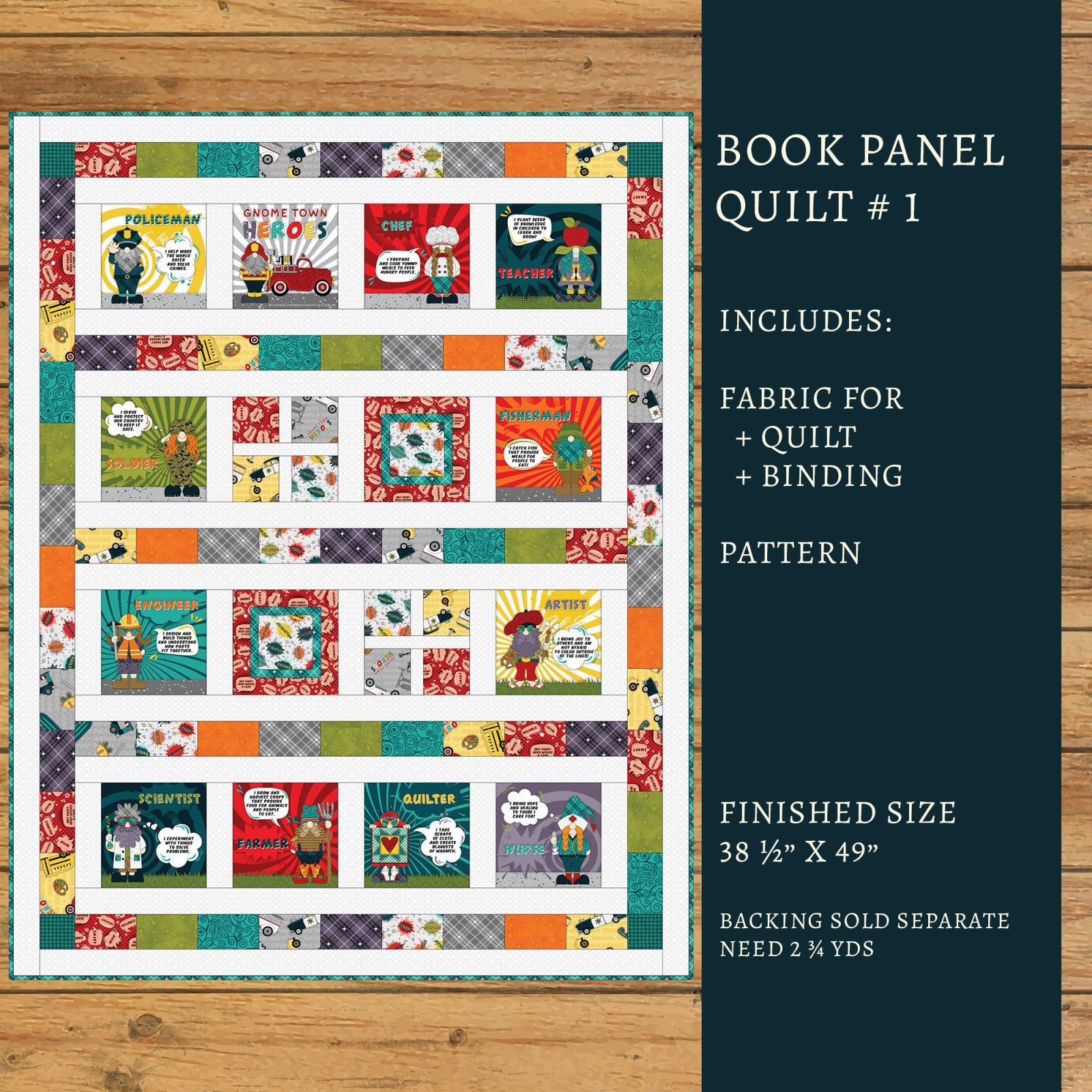 Gnome Town Heroes Book Panel Quilt Kit Version #1