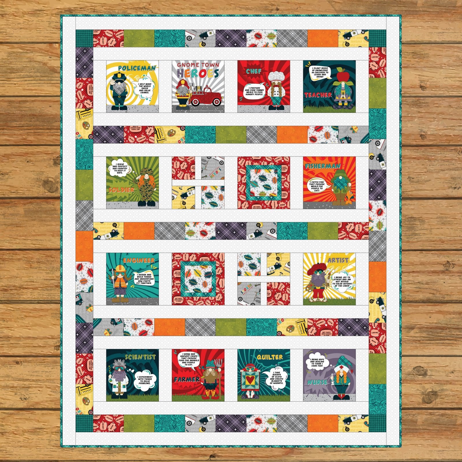 Gnome Town Heroes Book Panel Quilt Kit Version #1
