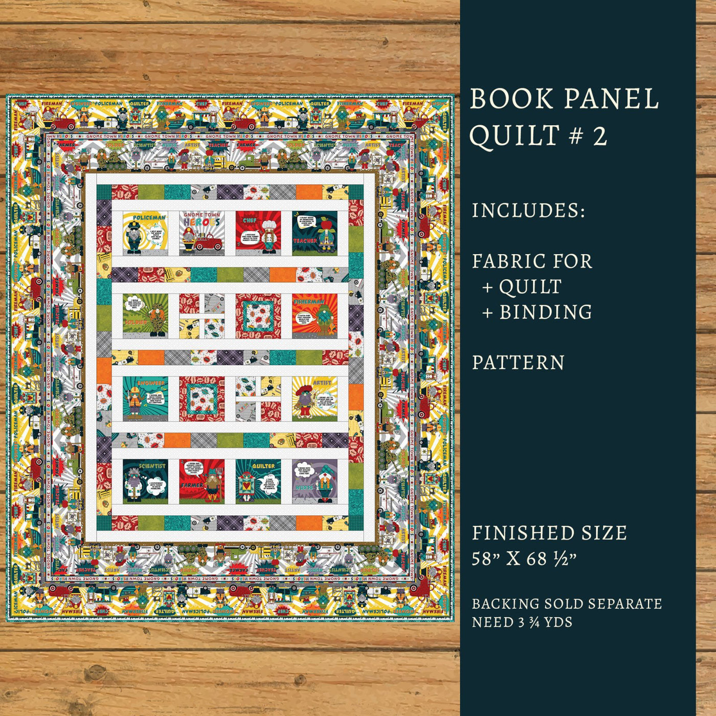 Gnome Town Heroes Book Panel Quilt Kit Version #2