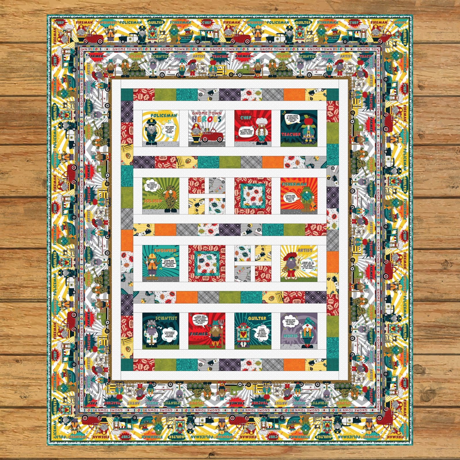 Gnome Town Heroes Book Panel Quilt Kit Version #2