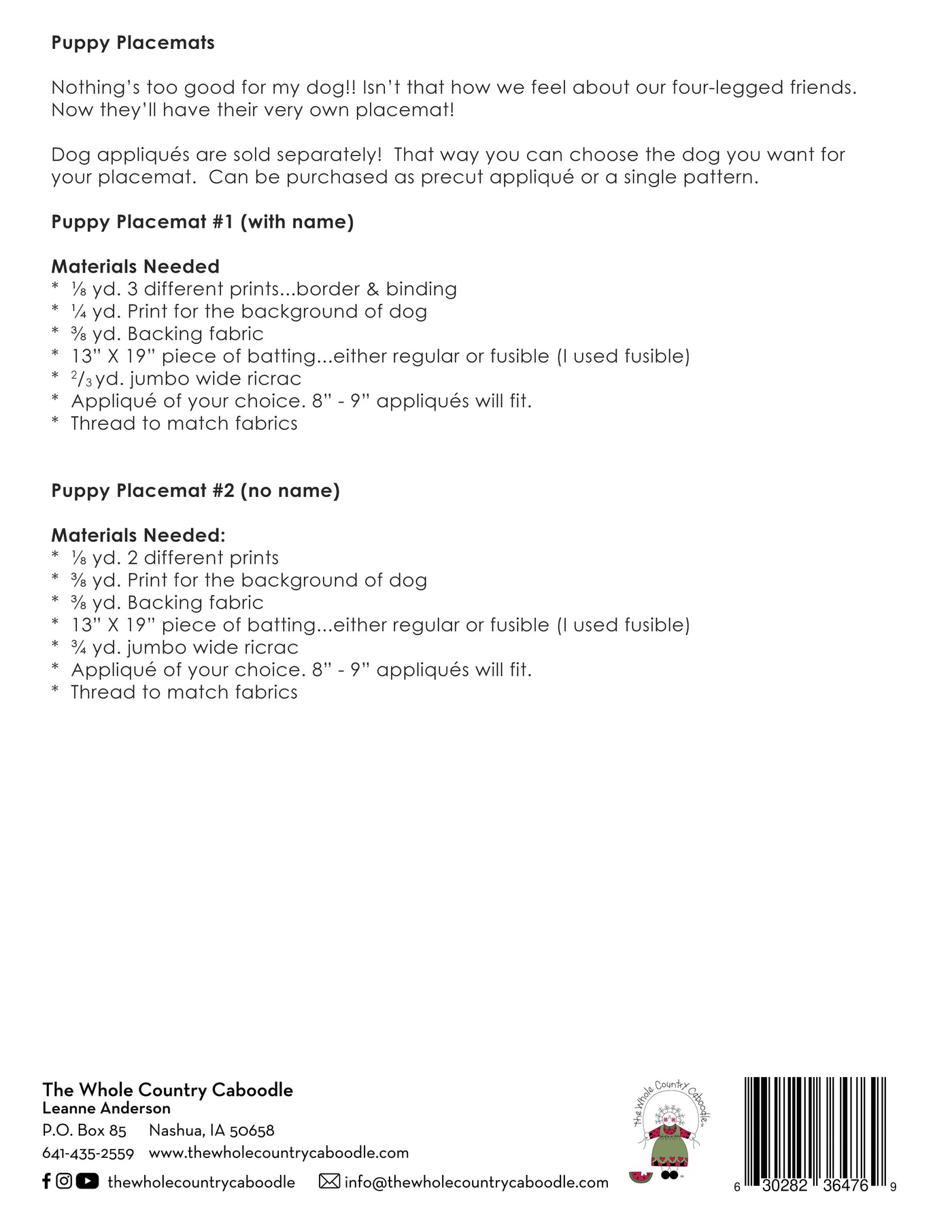 Puppy Placemats Pattern (Appliques not included)