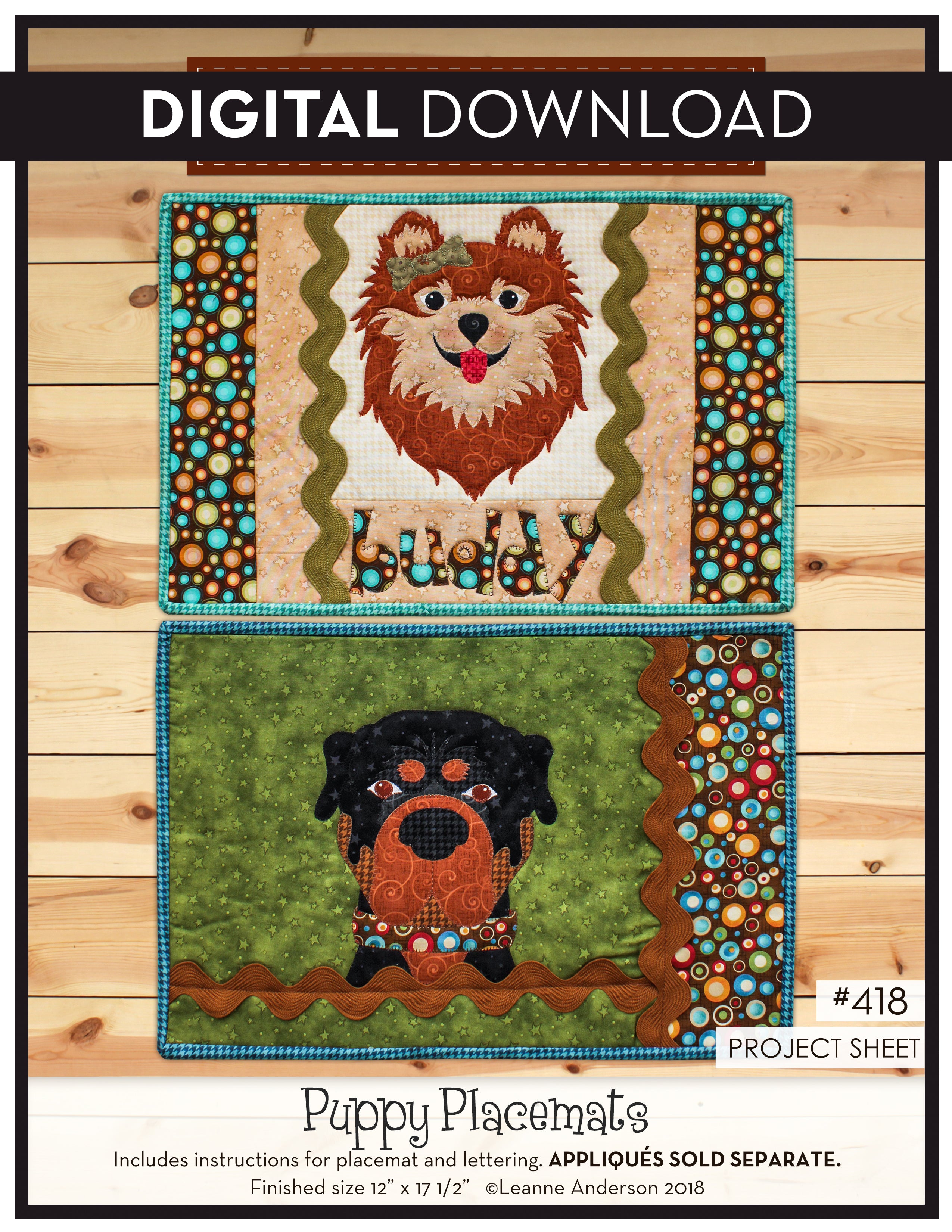 Puppy Placemats Pattern (Appliques not included)
