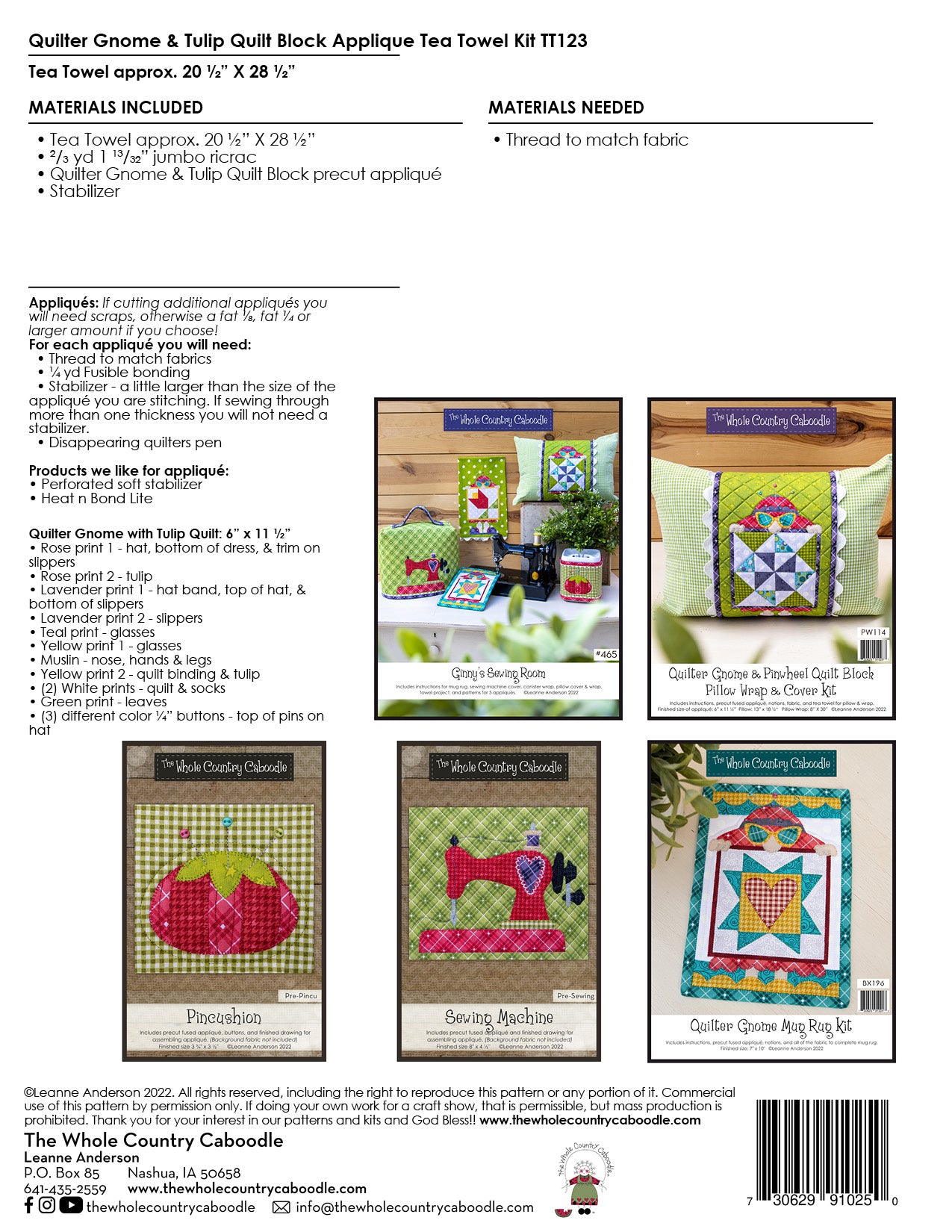 Quilter Gnome & Tulip Quilt Block Applique Tea Towel Kit