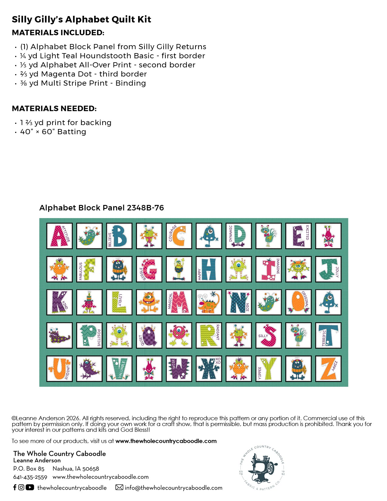 Silly Gilly's Alphabet Quilt Kit
